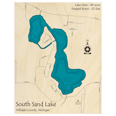 Bathymetric topo map of South Sand Lake, MI with roads, towns and depths noted in blue water.