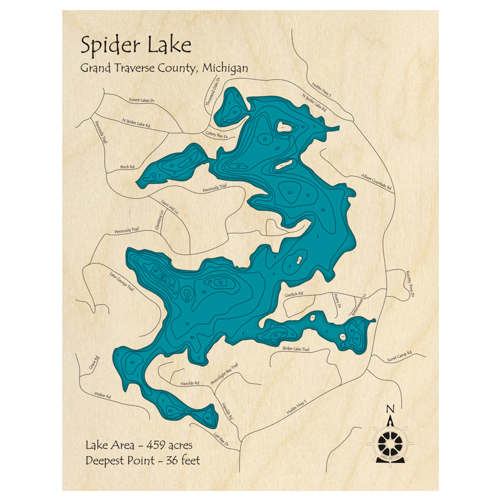 Bathymetric topo map of Spider Lake, MI with roads, towns and depths noted in blue water.