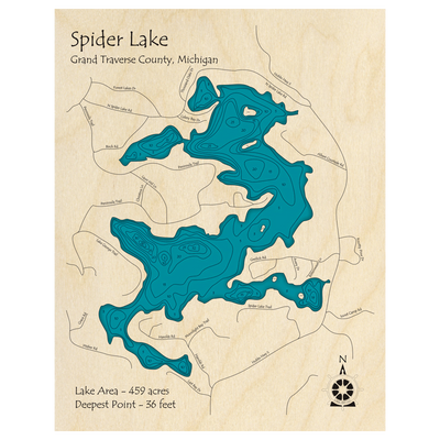 Bathymetric topo map of Spider Lake, MI with roads, towns and depths noted in blue water.