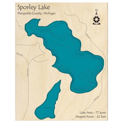 Bathymetric topo map of Sporley Lake, MI with roads, towns and depths noted in blue water.