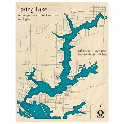 Bathymetric topo map of Spring Lake, MI with roads, towns and depths noted in blue water.