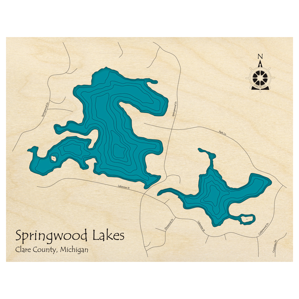 Bathymetric topo map of Springwood Lakes, MI with roads, towns and depths noted in blue water.