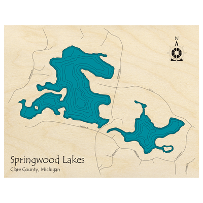 Bathymetric topo map of Springwood Lakes, MI with roads, towns and depths noted in blue water.