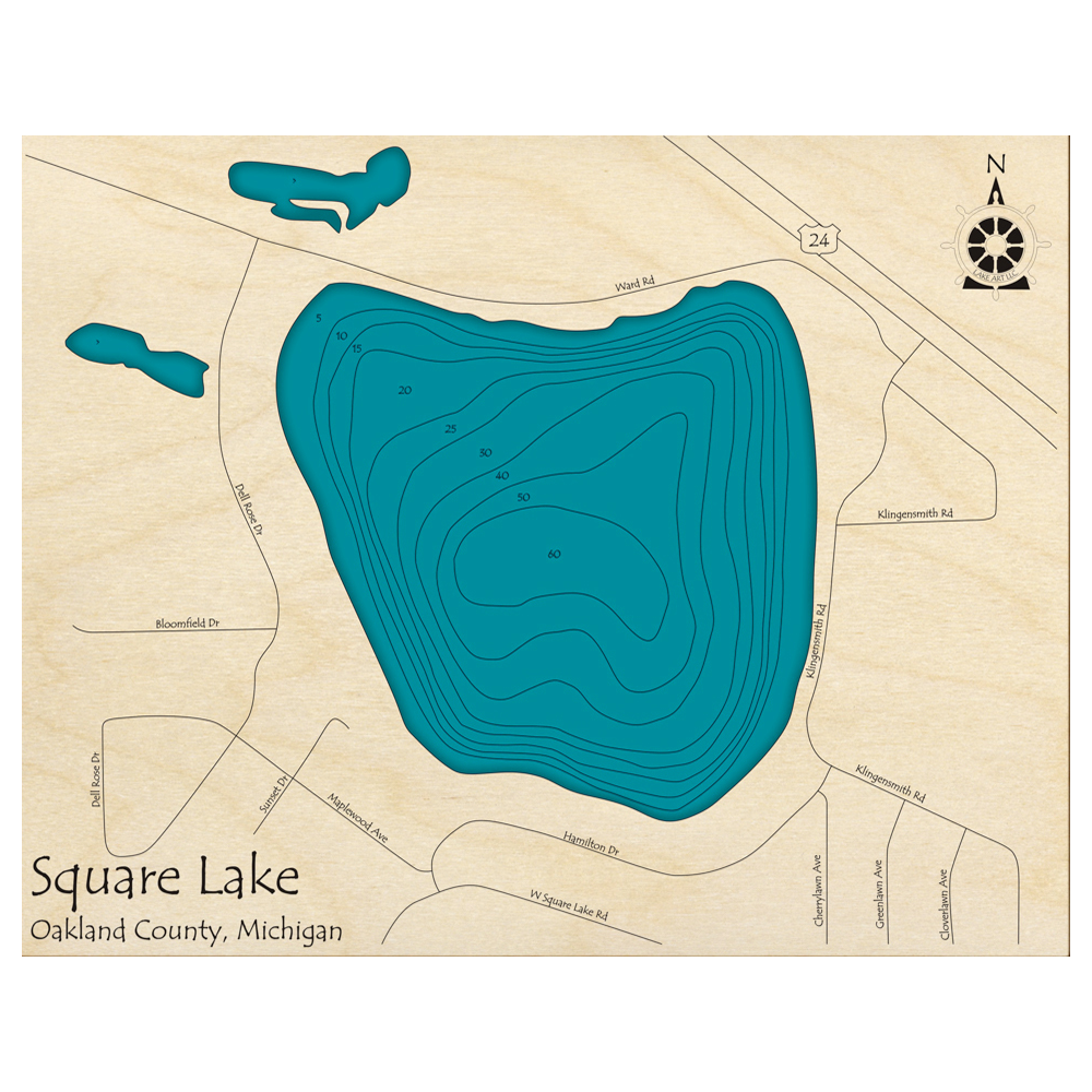 Bathymetric topo map of Square Lake, MI with roads, towns and depths noted in blue water.