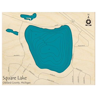 Bathymetric topo map of Square Lake, MI with roads, towns and depths noted in blue water.