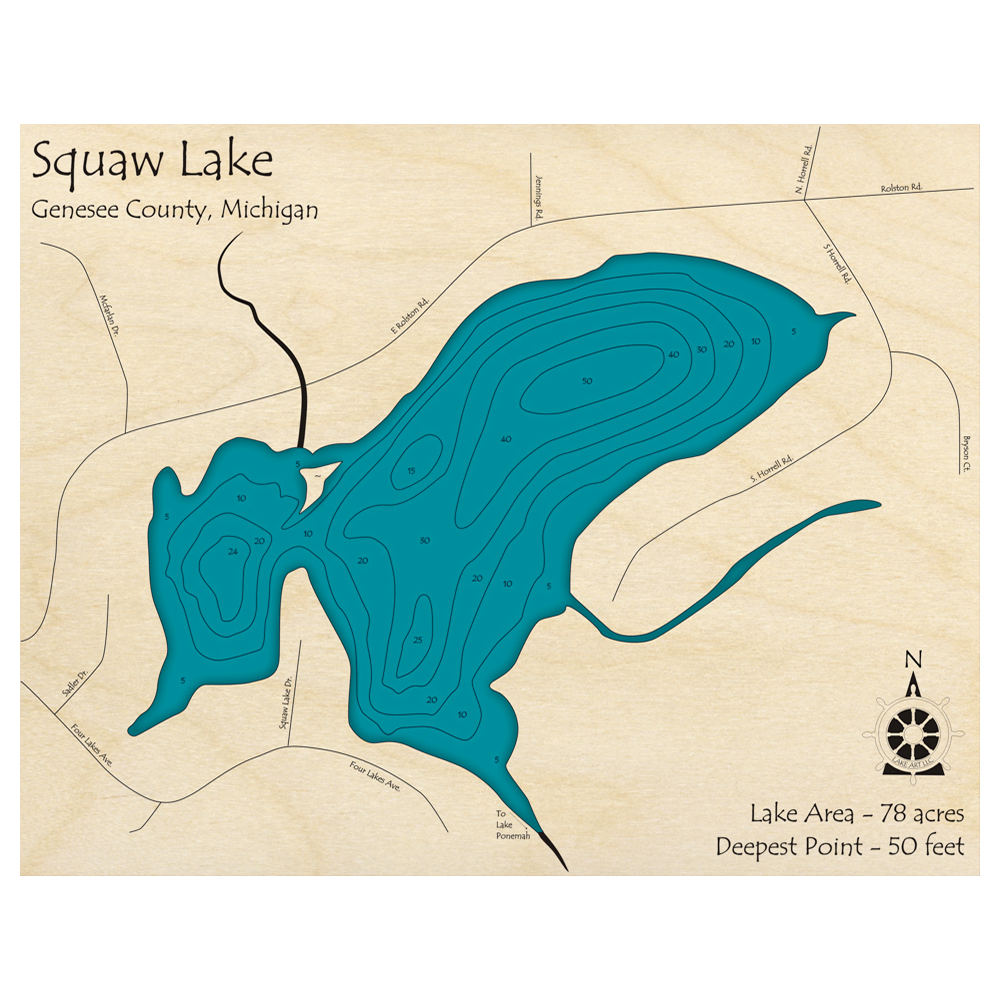 Bathymetric topo map of Squaw Lake, MI with roads, towns and depths noted in blue water.