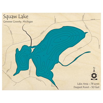 Bathymetric topo map of Squaw Lake, MI with roads, towns and depths noted in blue water.
