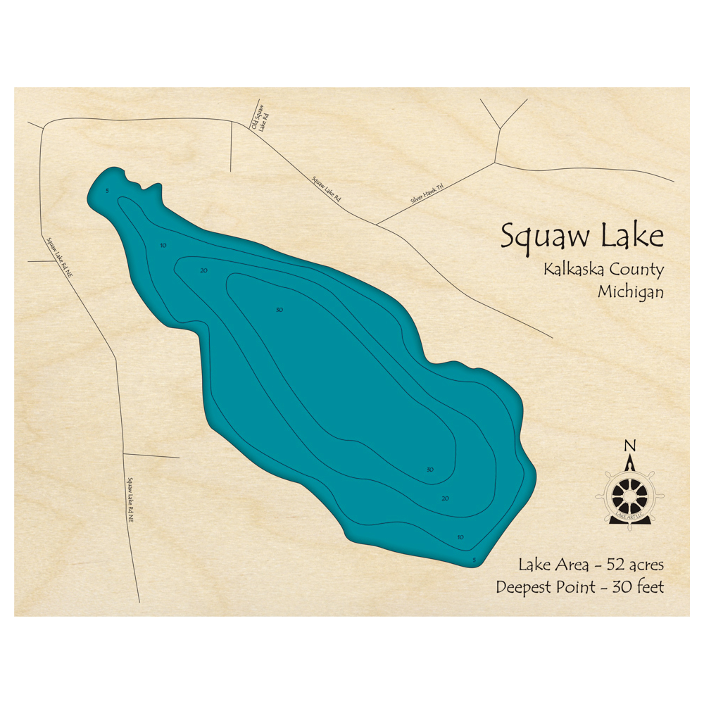 Bathymetric topo map of Squaw Lake, MI with roads, towns and depths noted in blue water.