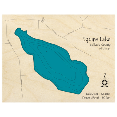 Bathymetric topo map of Squaw Lake, MI with roads, towns and depths noted in blue water.