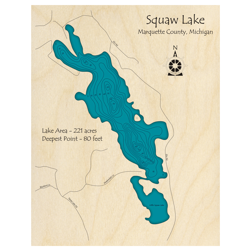 Bathymetric topo map of Squaw Lake, MI with roads, towns and depths noted in blue water.
