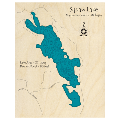 Bathymetric topo map of Squaw Lake, MI with roads, towns and depths noted in blue water.