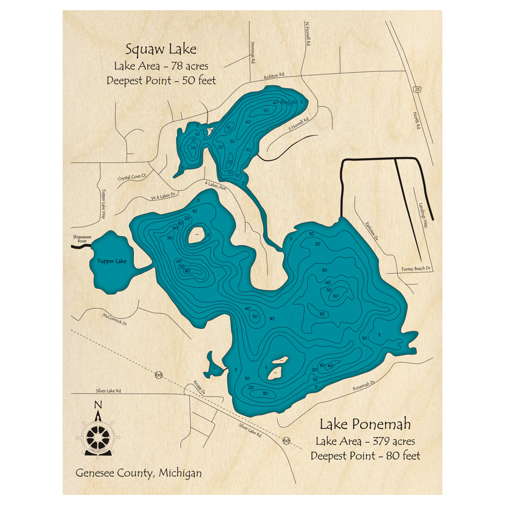 Bathymetric topo map of Squaw Lake Lake Ponemah and Tupper Lake, MI with roads, towns and depths noted in blue water.