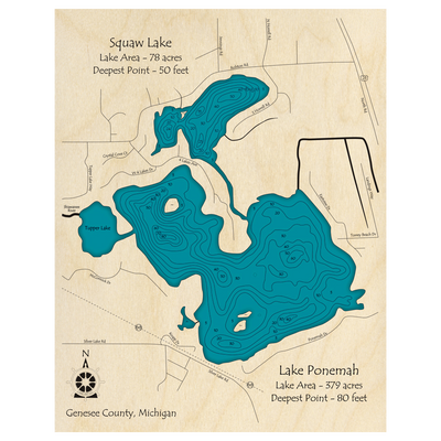 Bathymetric topo map of Squaw Lake Lake Ponemah and Tupper Lake, MI with roads, towns and depths noted in blue water.