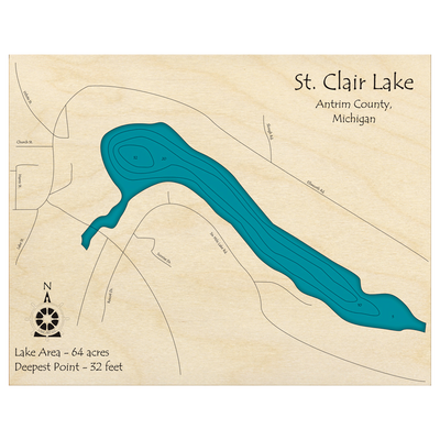 Bathymetric topo map of St Clair Lake, MI with roads, towns and depths noted in blue water.