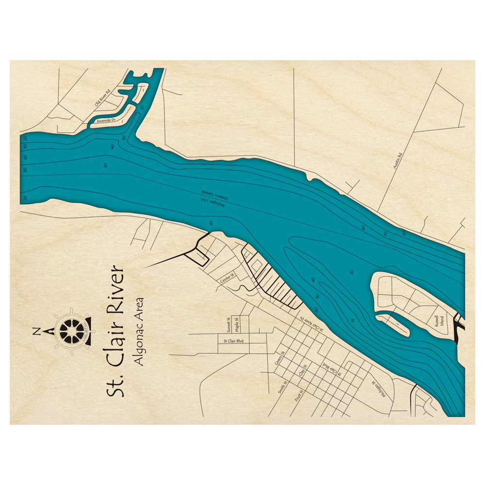 Bathymetric topo map of St Clair River (ON, MI) with roads, towns and depths noted in blue water.