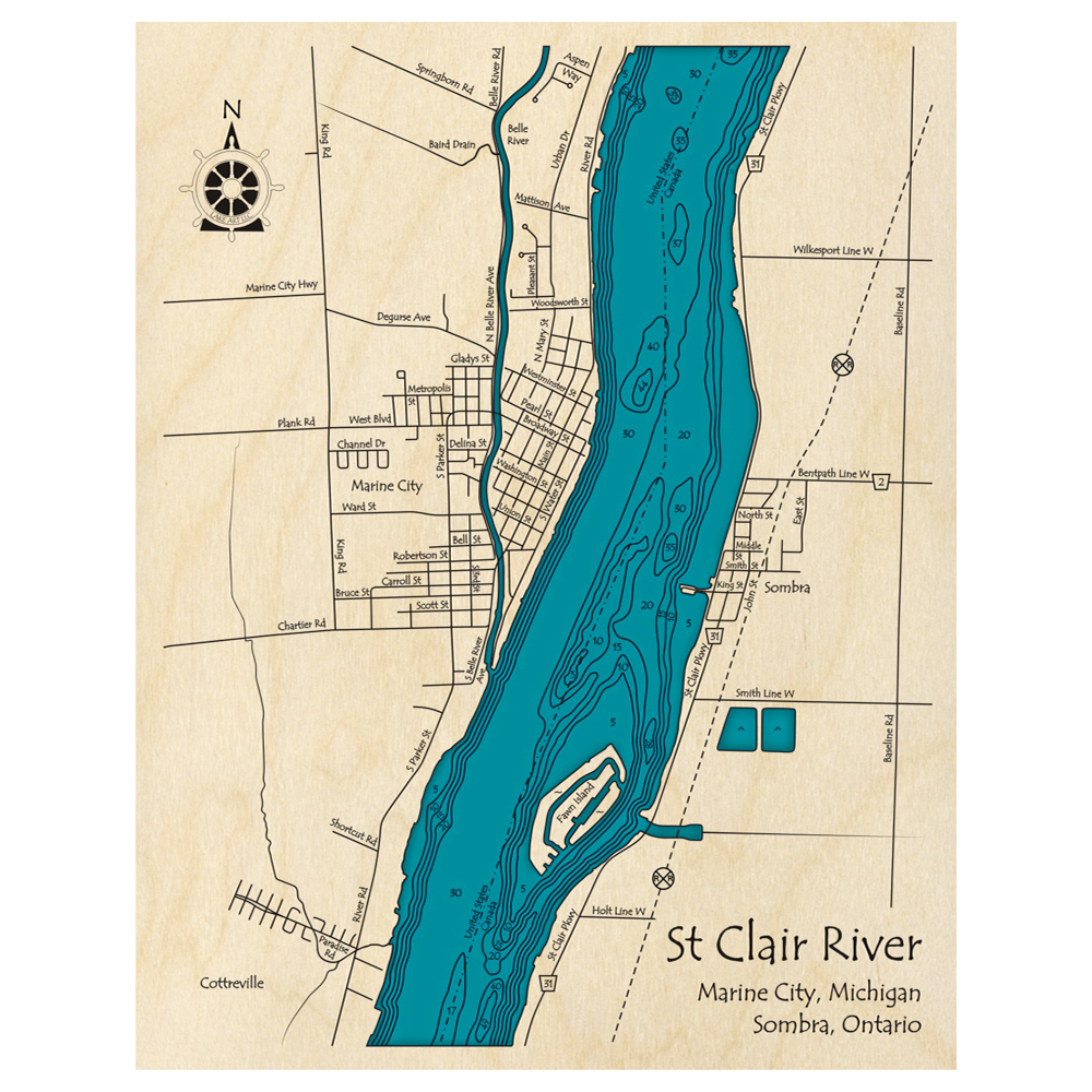 Bathymetric topo map of St Clair River (ON, MI) with roads, towns and depths noted in blue water.