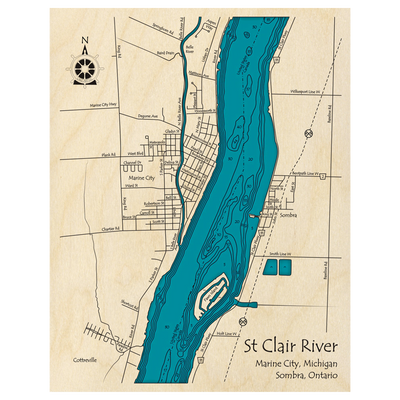 Bathymetric topo map of St Clair River (ON, MI) with roads, towns and depths noted in blue water.