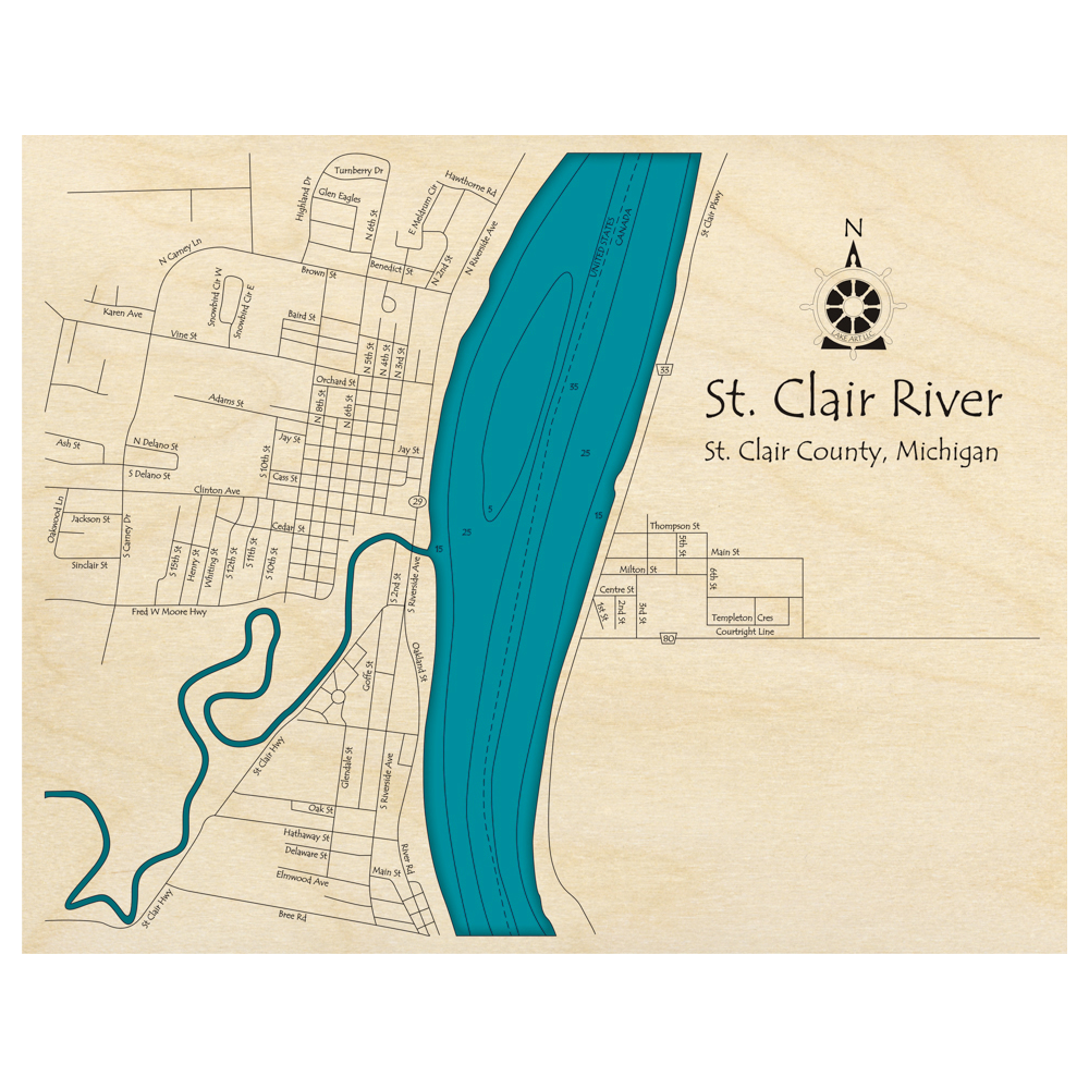 Bathymetric topo map of St Clair River (ON, MI) with roads, towns and depths noted in blue water.