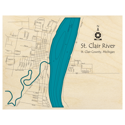 Bathymetric topo map of St Clair River (ON, MI) with roads, towns and depths noted in blue water.