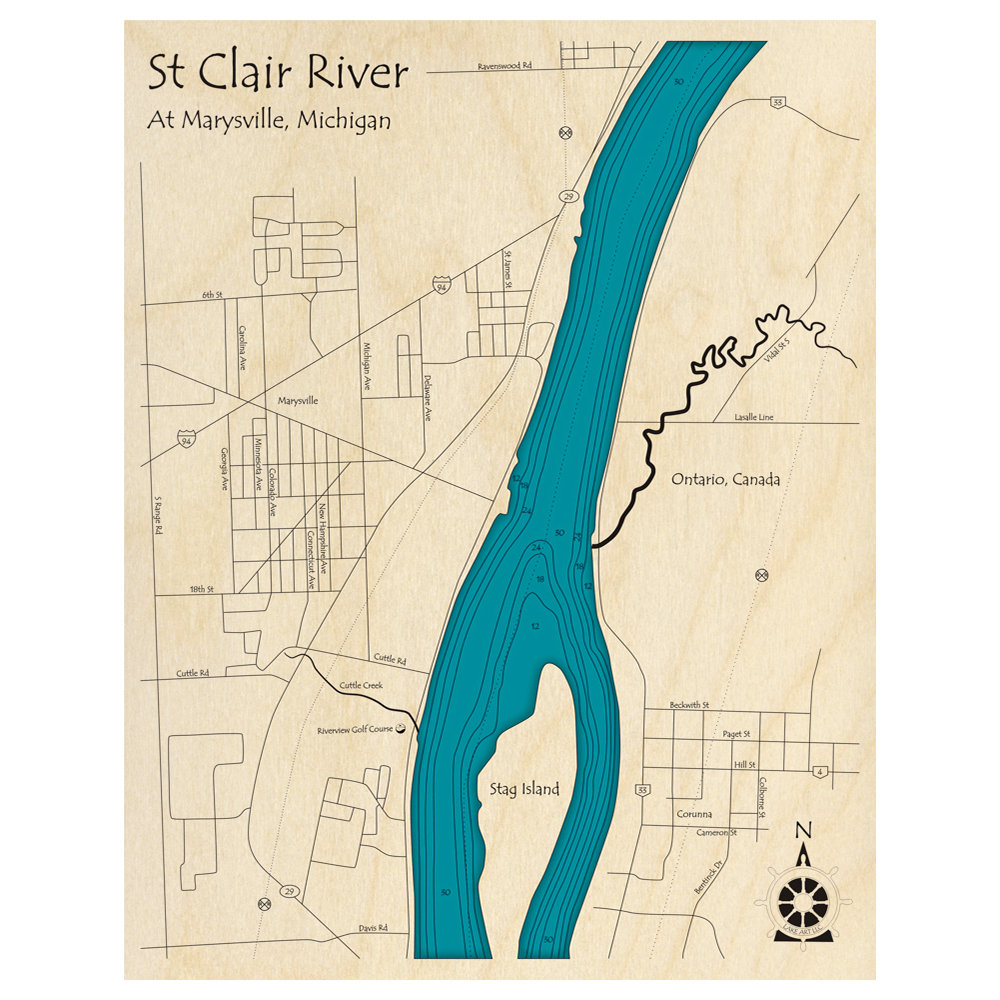 Bathymetric topo map of St Clair River (ON, MI) with roads, towns and depths noted in blue water.