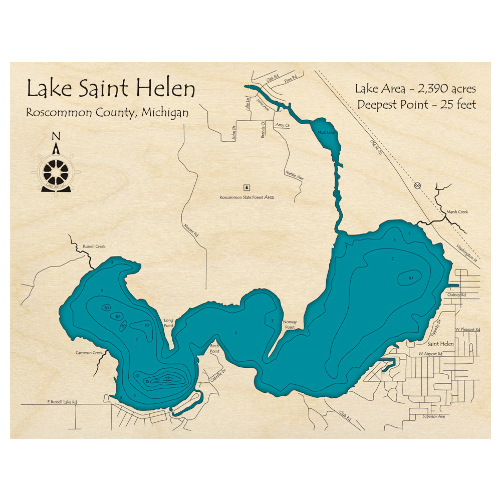 Bathymetric topo map of Lake St Helen, MI with roads, towns and depths noted in blue water.