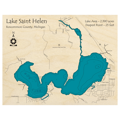 Bathymetric topo map of Lake St Helen, MI with roads, towns and depths noted in blue water.