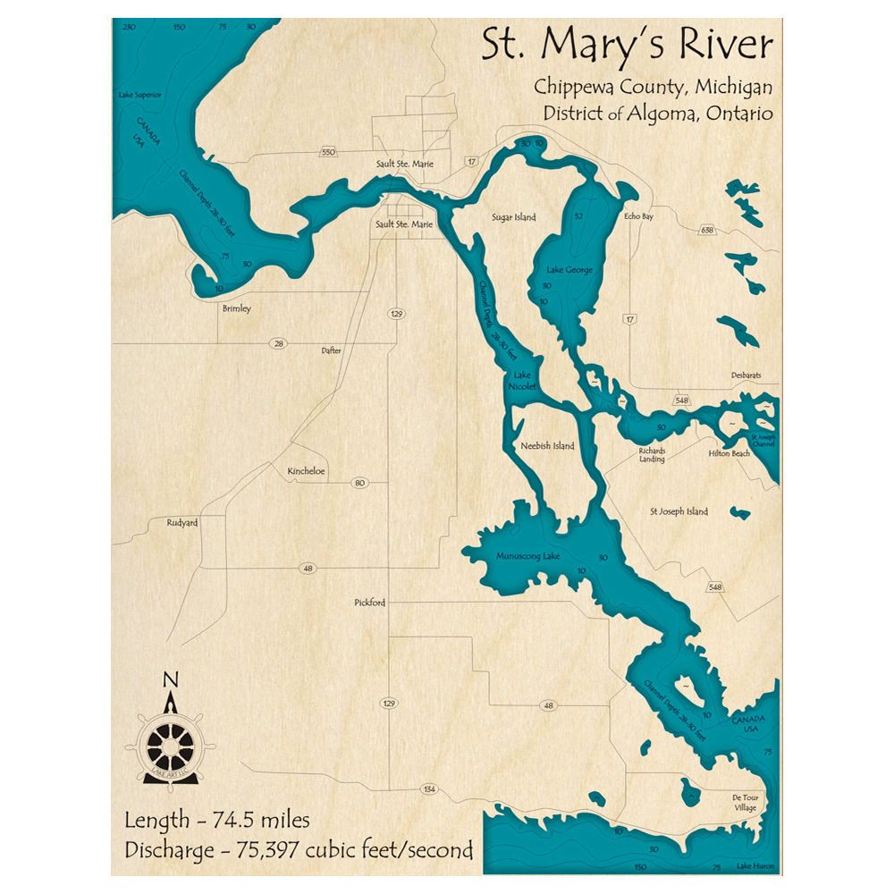 Bathymetric topo map of St Marys River, MI with roads, towns and depths noted in blue water.