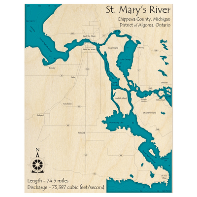 Bathymetric topo map of St Marys River, MI with roads, towns and depths noted in blue water.
