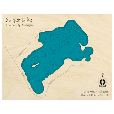 Bathymetric topo map of Stager Lake, MI with roads, towns and depths noted in blue water.