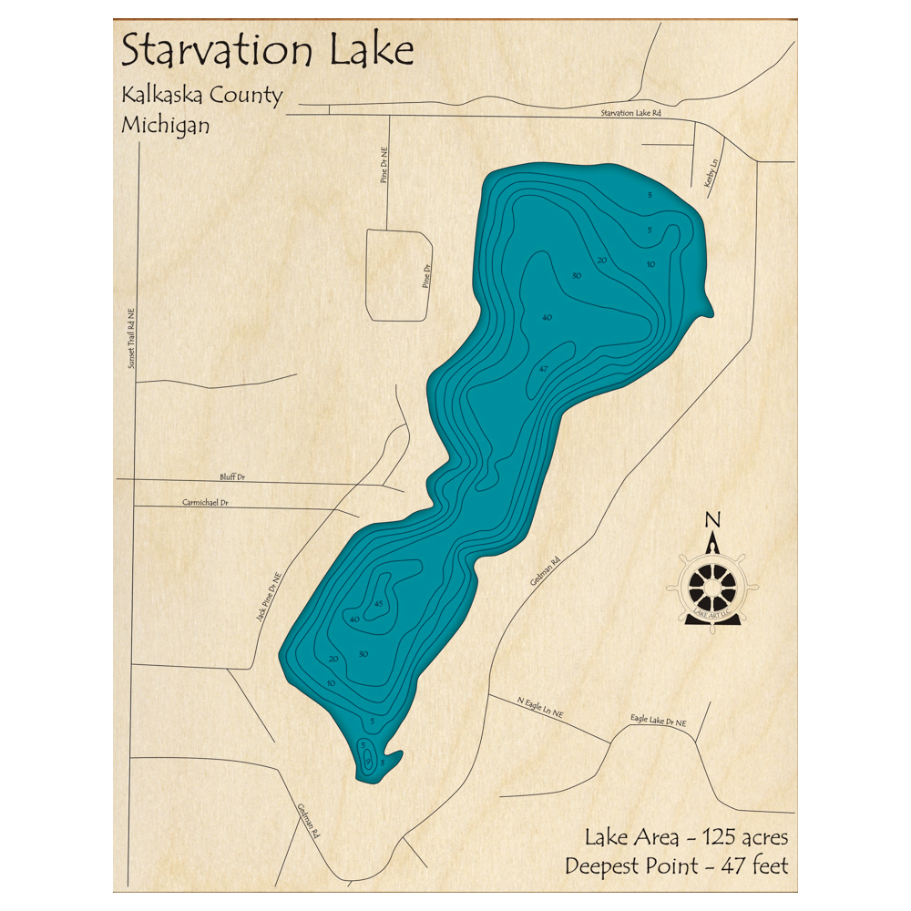 Bathymetric topo map of Starvation Lake, MI with roads, towns and depths noted in blue water.