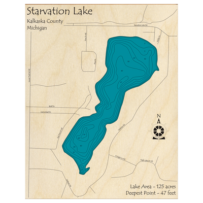 Bathymetric topo map of Starvation Lake, MI with roads, towns and depths noted in blue water.