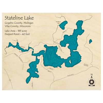 Bathymetric topo map of Stateline Lake (MI, WI) with roads, towns and depths noted in blue water.