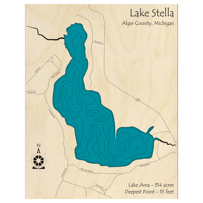 Bathymetric topo map of Lake Stella, MI with roads, towns and depths noted in blue water.