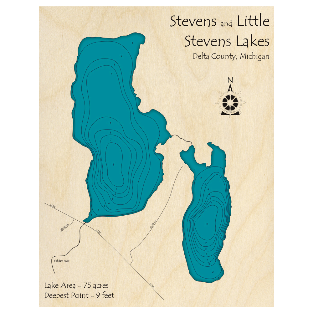 Bathymetric topo map of Stevens Lake, MI with roads, towns and depths noted in blue water.