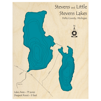 Bathymetric topo map of Stevens Lake, MI with roads, towns and depths noted in blue water.
