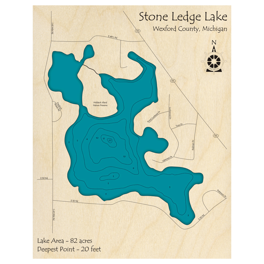 Bathymetric topo map of Stoneledge Lake, MI with roads, towns and depths noted in blue water.