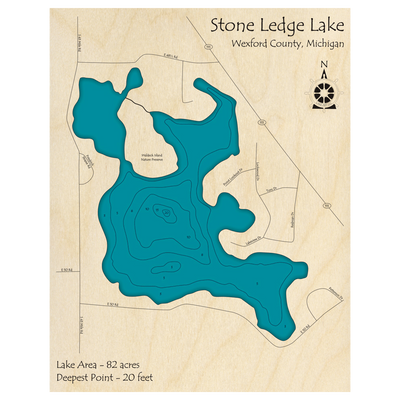 Bathymetric topo map of Stoneledge Lake, MI with roads, towns and depths noted in blue water.