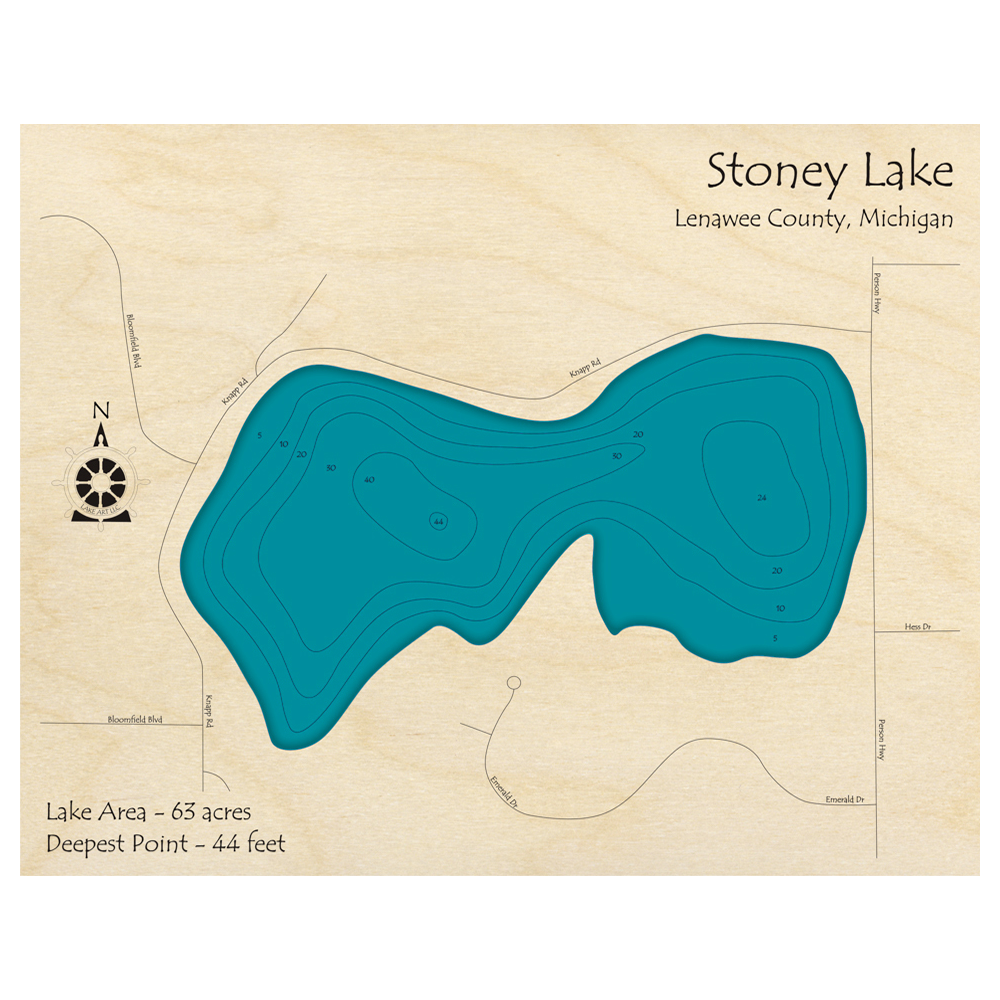 Bathymetric topo map of Stoney Lake, MI with roads, towns and depths noted in blue water.