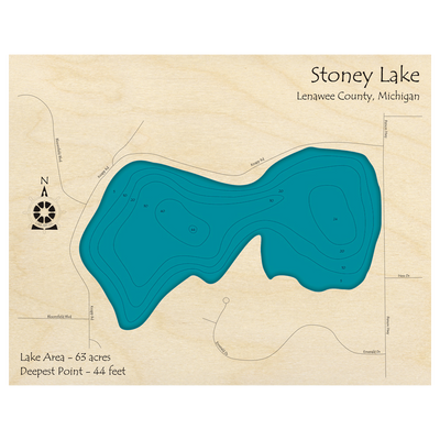 Bathymetric topo map of Stoney Lake, MI with roads, towns and depths noted in blue water.