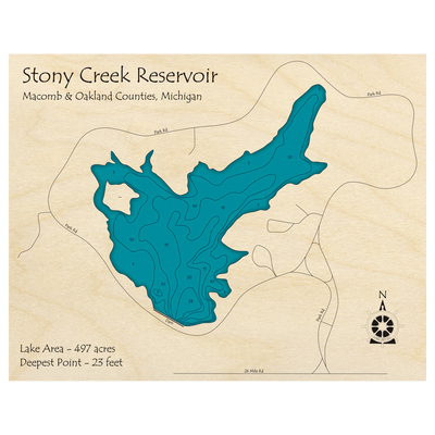 Bathymetric topo map of Stony Creek Reservoir, MI with roads, towns and depths noted in blue water.