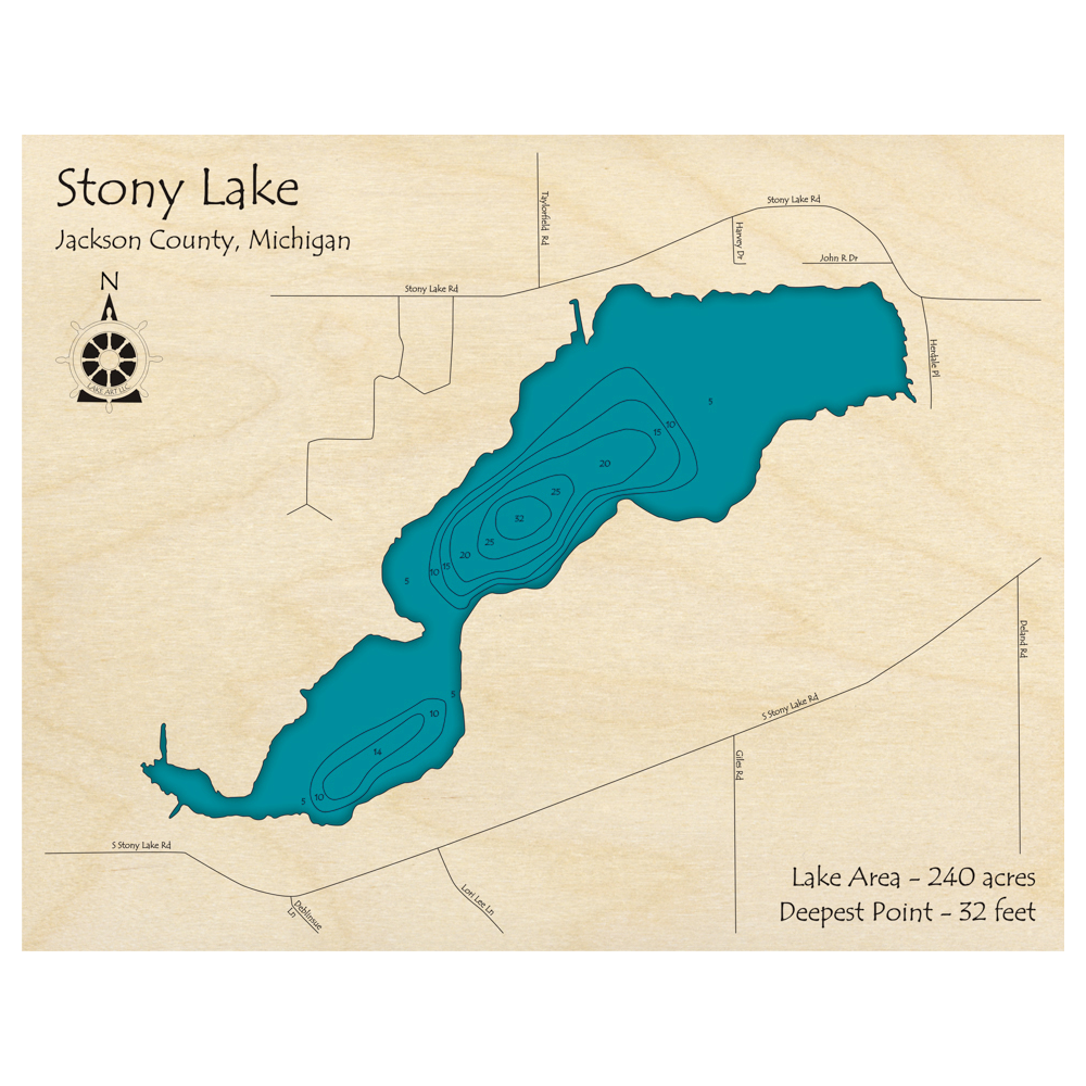 Bathymetric topo map of Stony Lake, MI with roads, towns and depths noted in blue water.
