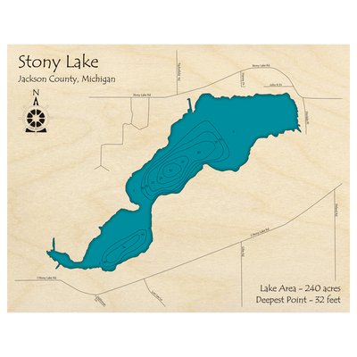 Bathymetric topo map of Stony Lake, MI with roads, towns and depths noted in blue water.