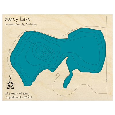 Bathymetric topo map of Stony Lake, MI with roads, towns and depths noted in blue water.