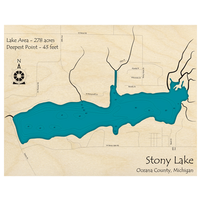 Bathymetric topo map of Stony Lake, MI with roads, towns and depths noted in blue water.