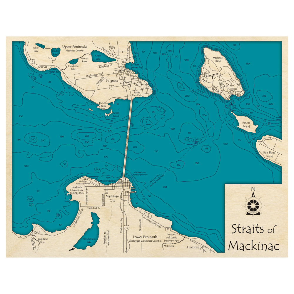 Bathymetric topo map of Straits of Mackinac, MI with roads, towns and depths noted in blue water.