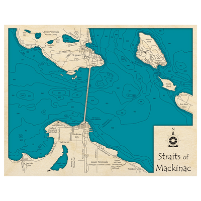 Bathymetric topo map of Straits of Mackinac, MI with roads, towns and depths noted in blue water.