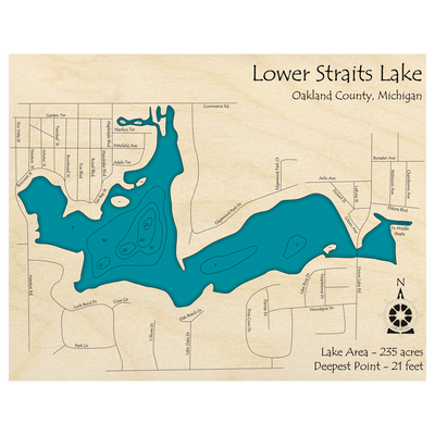 Bathymetric topo map of Straits Lake, MI with roads, towns and depths noted in blue water.