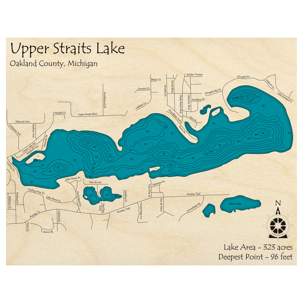 Bathymetric topo map of Straits Lake, MI with roads, towns and depths noted in blue water.