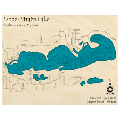 Bathymetric topo map of Straits Lake, MI with roads, towns and depths noted in blue water.