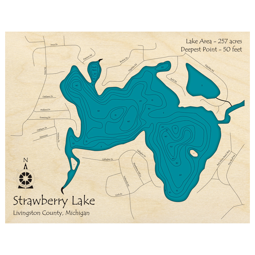 Bathymetric topo map of Strawberry Lake, MI with roads, towns and depths noted in blue water.